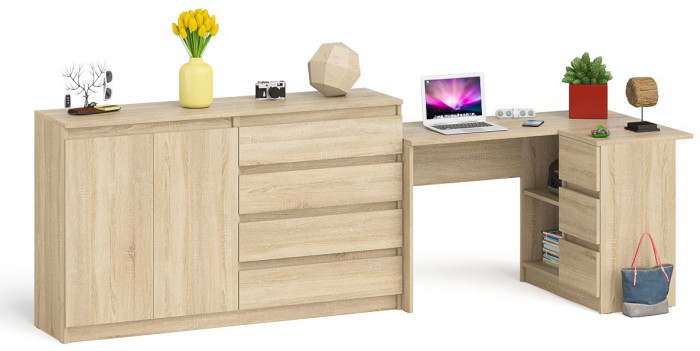 Мори Стол компьютерный МС-16 правый + Комод МК1600.1, цвет дуб сонома, ШхГхВ 284,8х84,9х94 см., выдвижные ящики справа, НЕ универсальная сборка