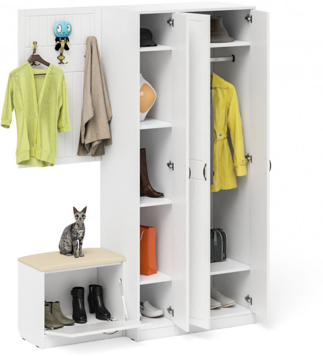 Прихожая П-6 Компоновка № 47, белая шагрень/фасады МДФ белое дерево фрезеровка прованс