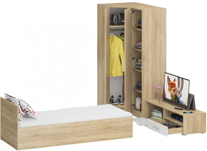 Спальня Стандарт 4-0800, дуб сонома/фасады ТВ тумбы МДФ белый глянец