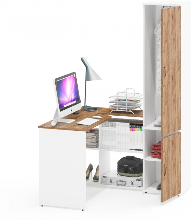 Лидер-8 Стол + Пенал МД 21Б, белый шагрень/крафт золото