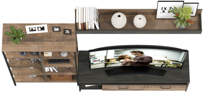 Трувор 13.70 Тумба под ТВ + 13.151.02 Стеллаж + 15.60 Полка, цвет дуб гранж песочный/интра, ШхГхВ 239,8х45,4х146 см., универсальная сборка