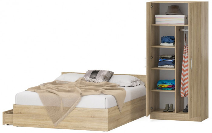 Кровать с ящиками 1600 + Шкаф 2-х створчатый Стандарт, цвет дуб сонома, ШхГхВ 163,5х203,5х70 + 90х52х200 см., сп.м. 1600х2000 мм., б/м, основание есть