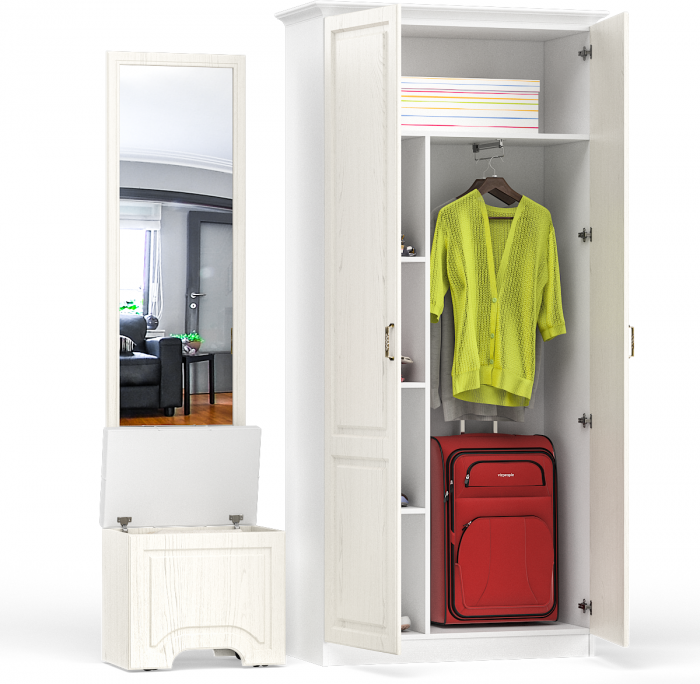 Ливерпуль Пуф 14.02 + Зеркало 03.242 + Шкаф для одежды + карниз 1000, цвет ясень ваниль/белый, универсальная сборка