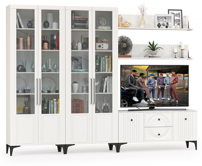 Валенсия Гостиная № 075, цвет ЛДСП белый шагрень/МДФ белый шагрень, ШхГхВ 301,3х38,3х225,2 см., универсальная сборка