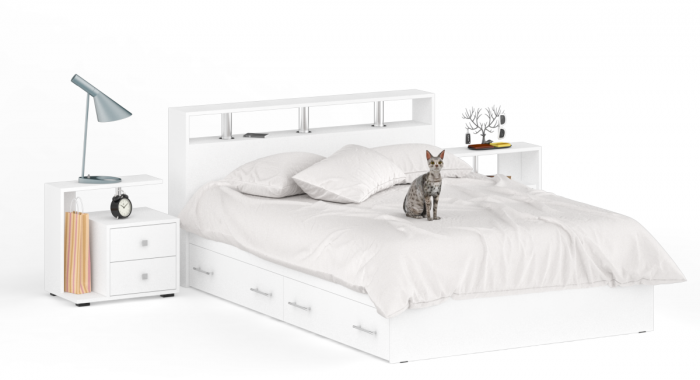 Камелия Кровать с ящиками 1400 + две тумбы, цвет белый, ШхГхВ 256х217х78,2 см., сп.м. 1400х2000 мм., без матраса, основание есть