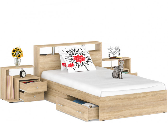 Камелия Кровать с ящиками 1200 + две тумбы, цвет дуб сонома, ШхГхВ 236х217х78,2 см., сп.м. 1200х2000 мм., без матраса, основание есть