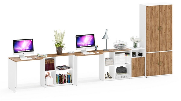 Лидер-8 Стол + Стол + Шкаф МД 20Б + Тумба МД 3.19, цвет белый шагрень/крафт золото, ШхГхВ 450х50/37,5х75/190 или 230х200/50х75/190 см., НЕ ун. сб.