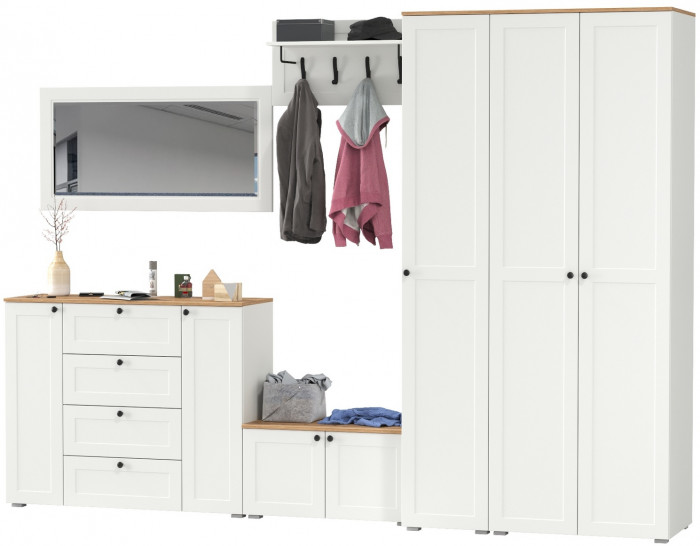 Остин Прихожая 55, цвет белый шагрень/дуб крафт золотой, ШхГхВ 320х54,3х229,6 см., универсальная сборка