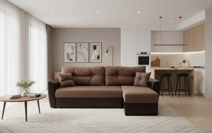 Диван-еврокнижка угловой Амстердам, 160х200, рогожка/экокожа коричневый