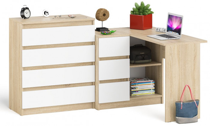 Мори компьютерный стол МС-16 левый + Комод МК800.4, дуб сонома/белый