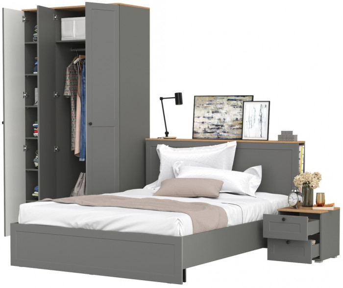 Остин 11.53 Кровать + ортопед + 13.336.03 Шкаф для одежды + 16.152 Тумба прикроватная, серый графит/дуб крафт золотой
