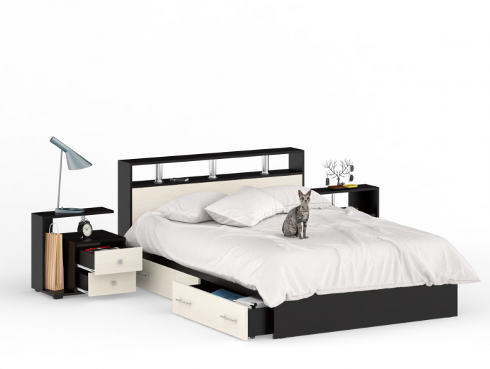 Камелия Кровать с ящиками 1400 + две тумбы, цвет венге/дуб лоредо, ШхГхВ 256х217х78,2 см., сп.м. 1400х2000 мм., без матраса, основание есть