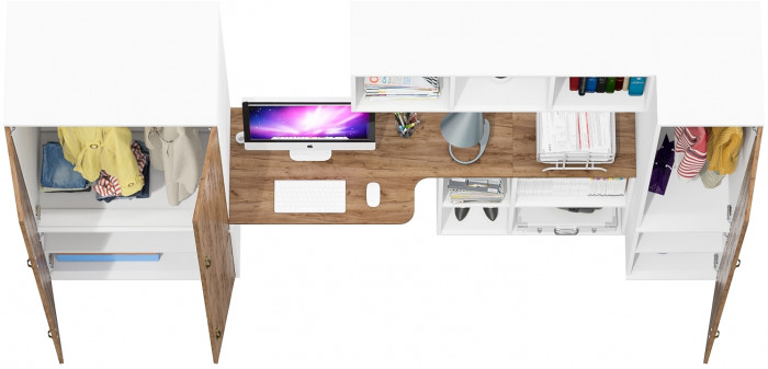 Лидер-8 Шкаф МД 19Б + Стол + Полка + Пенал 23Б, белый шагрень/крафт золото