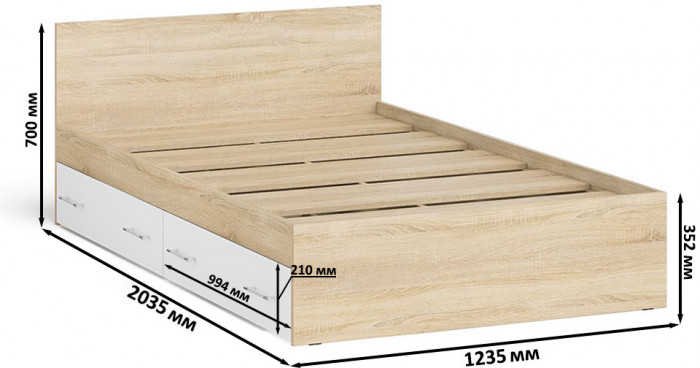 Мори Кровать с ящиками 1200, дуб сонома/белый