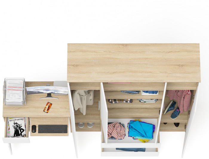 Мори Стол компьютерный МС-1 левый + Шкаф МШ1600.1, цвет дуб сонома/белый, ШхГхВ 250,4х50,4х209,6 см., выдвижной ящик слева, НЕ универсальная сборка