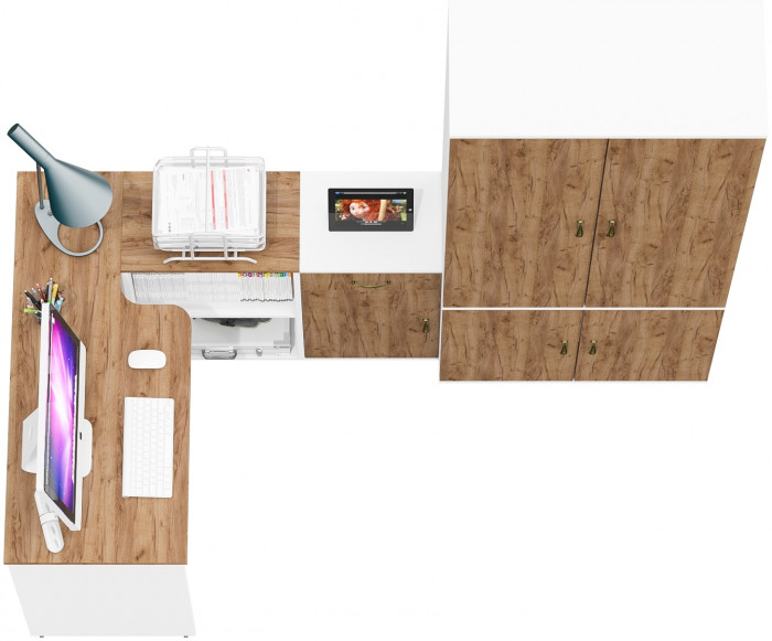 Лидер-8 Стол + Тумба МД 3.15 + Шкаф МД 20Б, цвет белый шагрень/крафт золото, ШхГхВ 285х50/37,5х75/190 или 115х200/50х75/190 см., НЕ ун. сборка