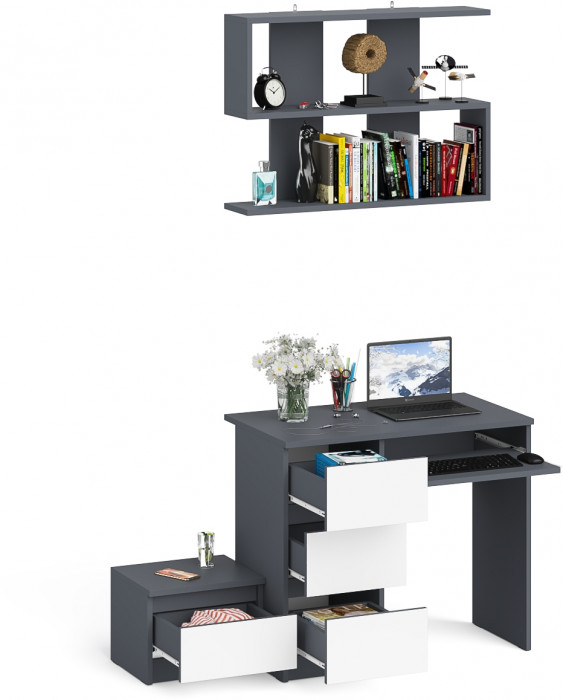 Мори Стол компьютерный МС-6 левый + Тумба ТМП400.1 + Полка 900, цвет графит/белый, ШхГхВ 130,4х50х209,6 см., НЕ универсальная сборка