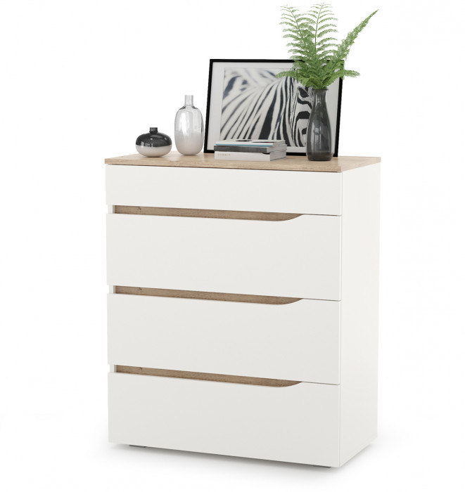 Муссон 13.97 Комод, цвет белый/дуб эндгрейн элегантный, ШхГхВ 77х39,4х92,6 см., четыре выдвижных ящика, ручки-вырезы, НЕ универсальная сборка