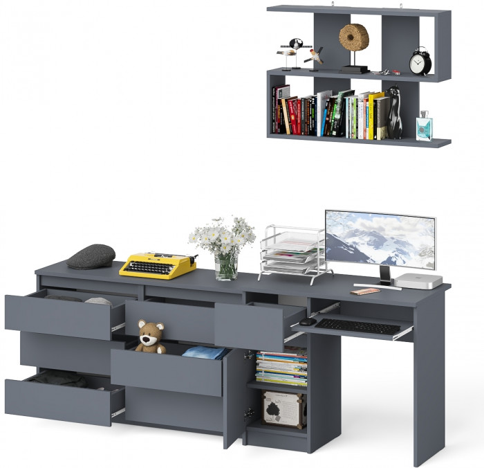 Мори компьютерный стол МС-1 левый + Комод МК1200.6 + Полка 900, графит