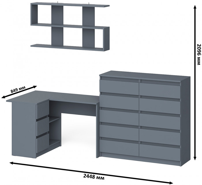 Мори компьютерный стол МС-16 левый + Комод МК1200.10 + Полка 1200, графит