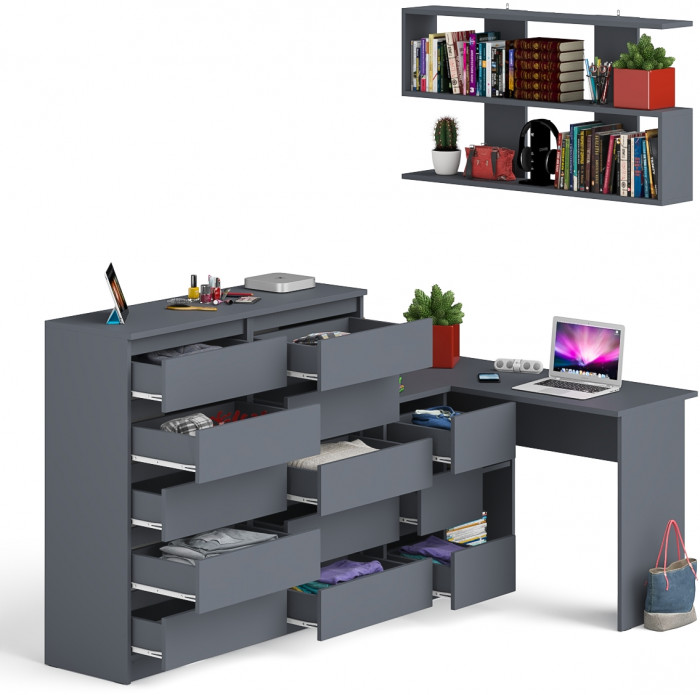 Мори компьютерный стол МС-16 левый + Комод МК1200.10 + Полка 1200, графит