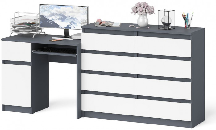 Мори Стол компьютерный МС-1 левый + Комод МК1200.8, цвет графит/белый, ШхГхВ 210,4х50х94 см., выдвижной ящик слева, НЕ универсальная сборка