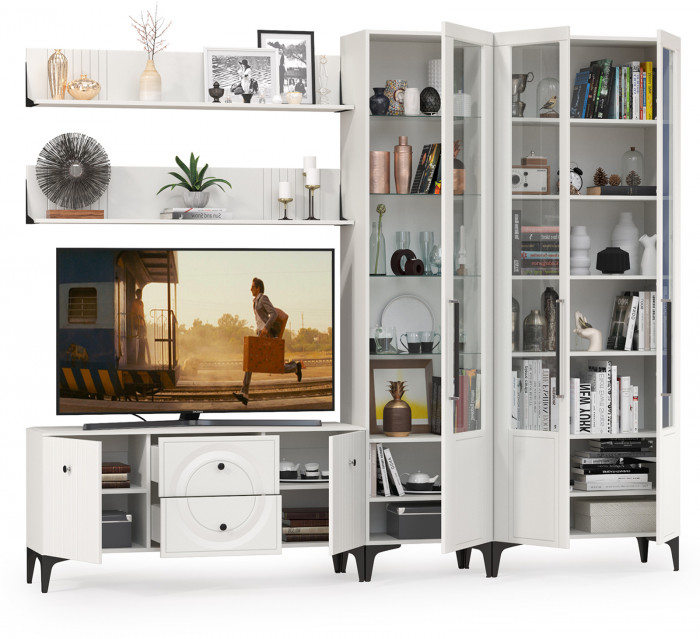 Валенсия Гостиная № 078, цвет ЛДСП белый шагрень/МДФ белый шагрень, ШхГхВ 272,2х38,3х225,2 см., универсальная сборка