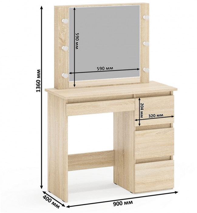 Ксения Кровать с ящиками 1200 + прикроватный блок + Столик с подсветкой Сура, дуб сонома