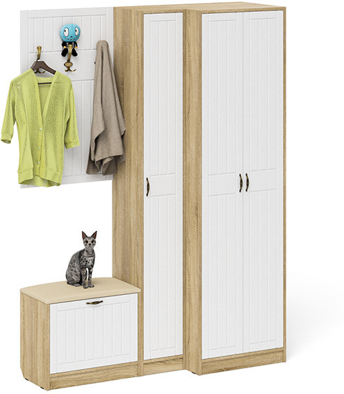 Прихожая П-6 Компоновка № 27, цвет дуб сонома/фасады МДФ белое дерево фрезеровка прованс, ШхГхВ 150х50х210 см., универсальная сборка