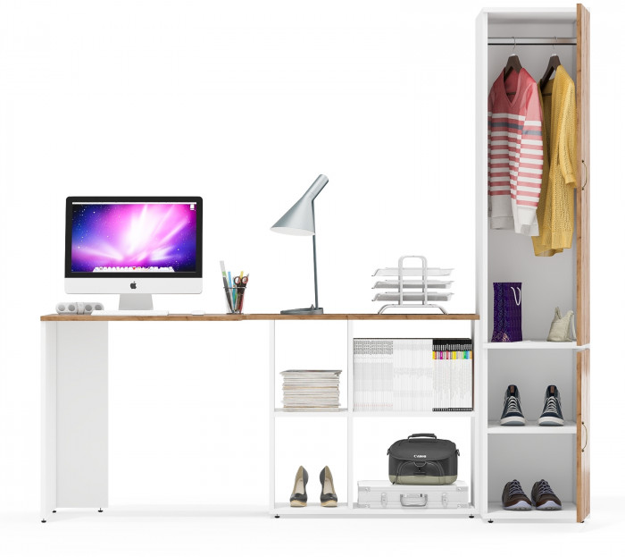 Лидер-8 Стол + Пенал МД 23Б, белый шагрень/крафт золото