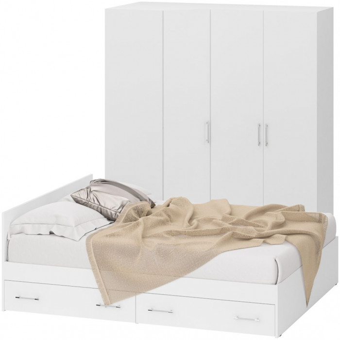 Спальня Стандарт 2-1600Я, цвет белый, ШхГхВ 163,5х203,5х70 + 171,2х81,2х200 см., сп.м. 1600х2000 мм., без матраса, основание есть