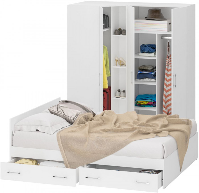 Спальня Стандарт 2-1600Я, цвет белый, ШхГхВ 163,5х203,5х70 + 171,2х81,2х200 см., сп.м. 1600х2000 мм., без матраса, основание есть