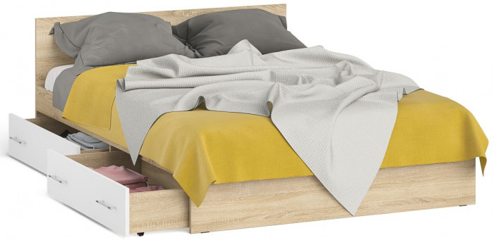 Мори Кровать с ящиками 1400, цвет дуб сонома/белый, ШхГхВ 143,5х203,5х70 см., сп.м. 1400х2000 мм., без матраса, основание есть