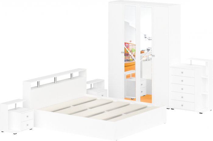 Камелия спальня № 4 Кровать 1800 + Две тумбы + Комод + Шкаф 4-х створчатый, белый