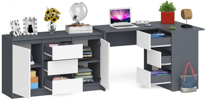 Мори компьютерный стол МС-16 правый + Комод МК1200.3, графит/белый