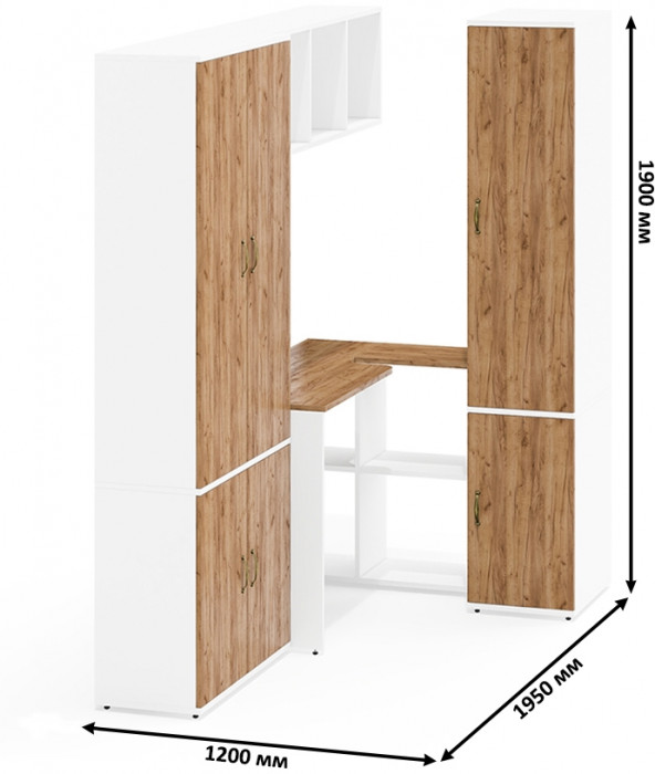 Лидер-8 Шкаф МД 20Б + Стол + Полка + Пенал 23Б, цвет белый шагрень/крафт золото, ШхГхВ 285х50/37,5х75/190 или 195х120х75/190 см., НЕ ун.сб.