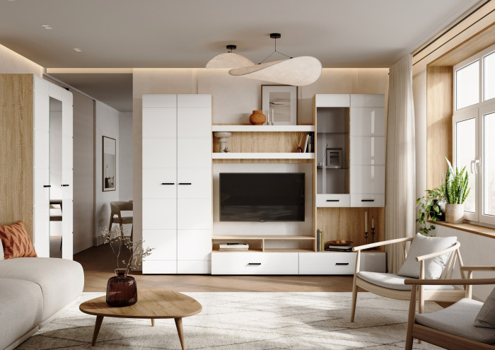 ЛИБЕРТИ ГС 01 Гостиная (2800х2100х400) Фасад МДФ БЕЛЫЙ ГЛЯНЕЦ/Корпус ДУБ СОНОМА