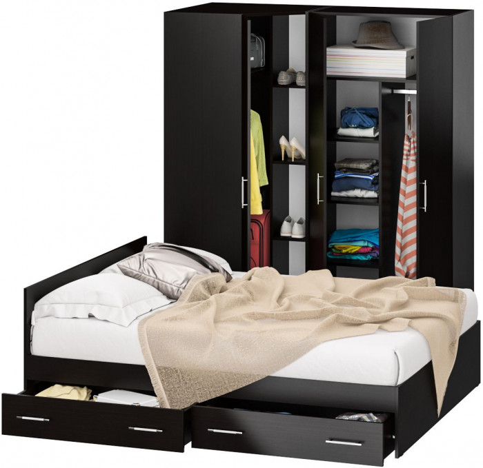 Спальня Стандарт 2-1600Я, цвет венге, ШхГхВ 163,5х203,5х70 + 171,2х81,2х200 см., сп.м. 1600х2000 мм., без матраса, основание есть