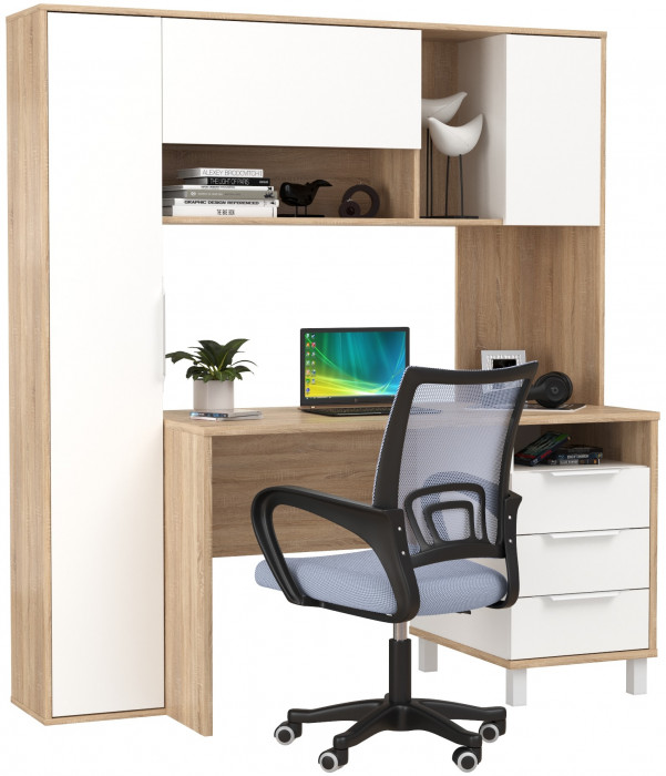 Стол компьютерный Комфорт 12.95N + кресло 103 серое, цвет дуб сонома/белый, ШхГхВ 162х60,3х180 см., НЕ универсальная сборка