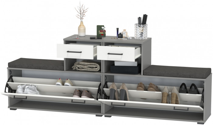 Лира ГК 2-0714+2-0714графбел Тумба под обувь, цвет графит/белый, ШхГхВ 200х33х75,5 см., универсальная сборка