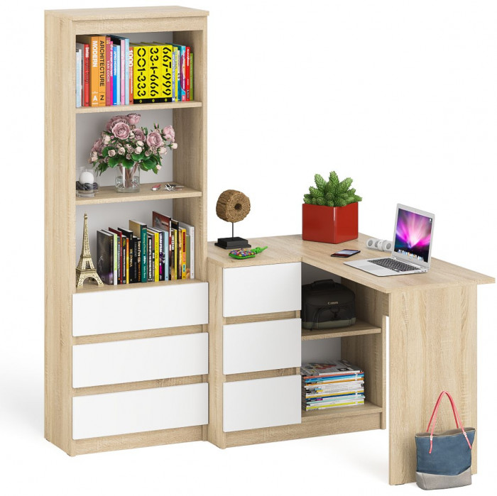 Мори Стол компьютерный МС-16 левый + Стеллаж МСТ600.3, цвет дуб сонома/белый, ШхГхВ 184,8х84,9х179,6 см., выдвижные ящики слев, НЕ универс. сборкаа