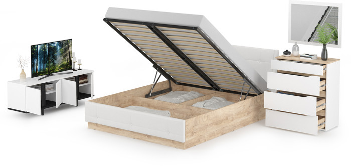 Муссон Кровать 11.28 + под. ортопед + 13.97 + Зеркало СВК + Тумба ТВ 13.276, цвет белый/чёрный/дуб эндгрейн элегантный/кожзам белый, 1600х2000 мм, б/м