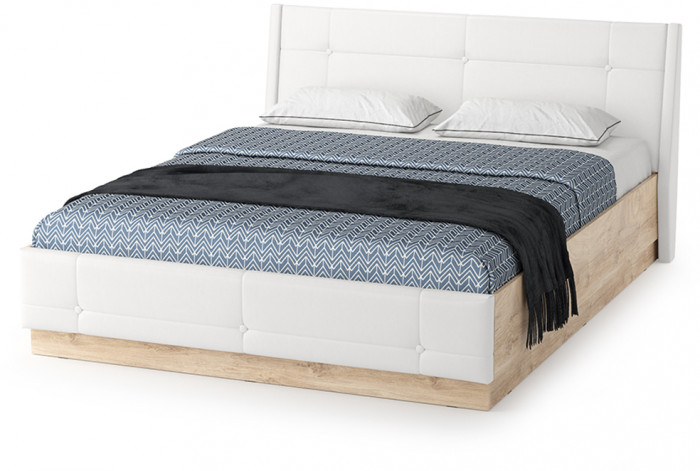 Муссон Кровать 11.28 + под. ортопед + 13.97 + Зеркало СВК + Тумба ТВ 13.276, цвет белый/чёрный/дуб эндгрейн элегантный/кожзам белый, 1600х2000 мм, б/м