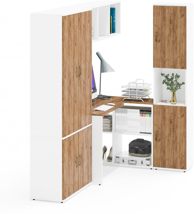 Лидер-8 Шкаф МД 20Б + Стол + Полка + Пенал, цвет белый шагрень/крафт золото, ШхГхВ 285х50/30х75/190 или 195х120х75/190 см., НЕ ун.сб.