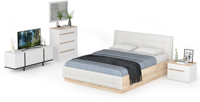 Муссон Кровать 11.28 + под. ортопед + 16.03 + 13.97 + Зеркало СВК + Тумба ТВ 13.276, белый/чёрный/дуб эндгрейн элегантный/кожзам белый, 1600х2000, б/м