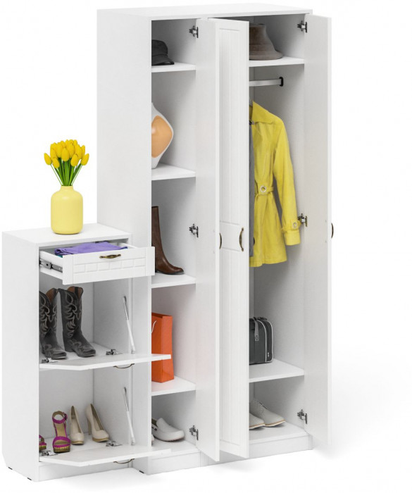 Прихожая П-6 Компоновка № 48, цвет белая шагрень/фасады МДФ белое дерево фрезеровка прованс, ШхГхВ 140х50х210 см., универсальная сборка