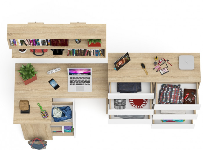 Мори компьютерный стол МС-16 левый + Комод МК1200.10 + Полка 1200, дуб сонома/белый