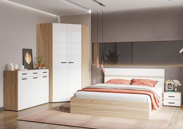 ЛИБЕРТИ КМ 01 Комод 1200 (1200х890х400) Фасад МДФ БЕЛЫЙ ГЛЯНЕЦ/Корпус ДУБ СОНОМА