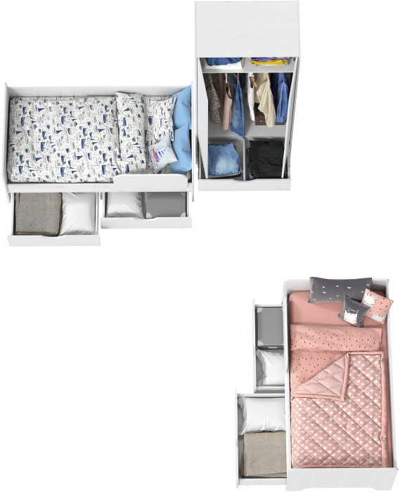 КР100 Уна 11.22 Две кровати с ящиками + 13.327 Шкаф для одежды, цвет белый(структура Поры дерева), сп. м. 2х800х1600 мм., б/м, основание есть