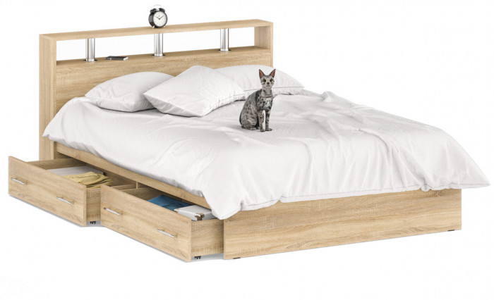 Камелия Кровать с ящиками 1400, цвет дуб сонома, ШхГхВ 143,5х217х78,2 см., сп.м. 1400х2000 мм., без матраса, основание есть